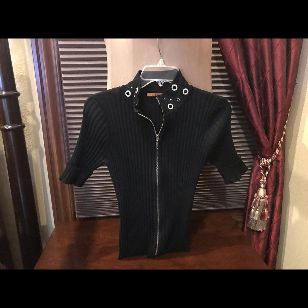 Black fitted short sleeve studded sweater